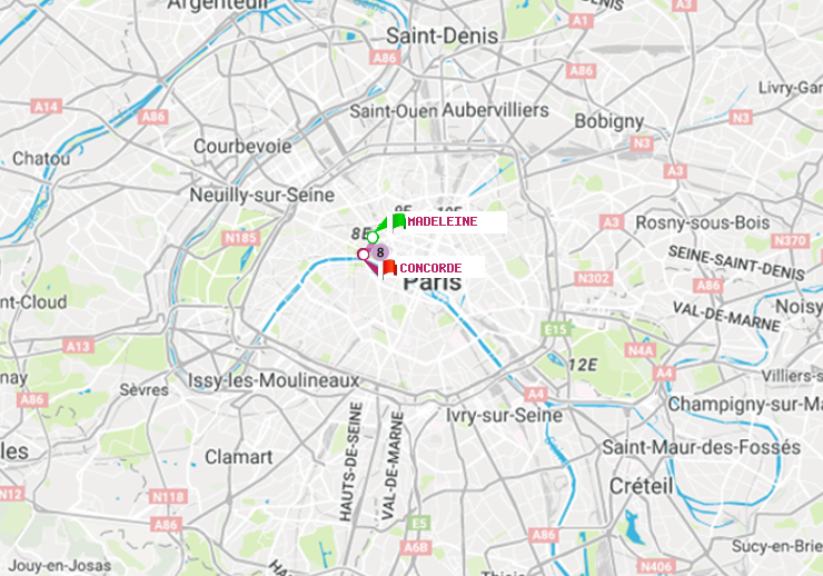 plan itinéraire ratp de Madeleine à Concorde