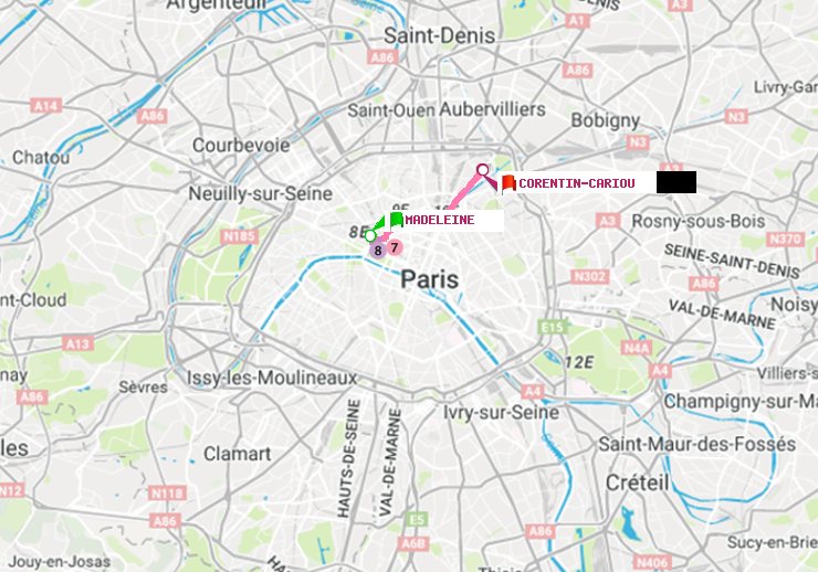 plan itinéraire ratp de Madeleine à Corentin-Cariou