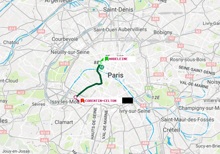 plan itinéraire ratp de Madeleine à Corentin-Celton