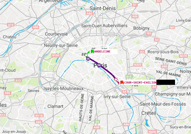 plan itinéraire ratp de Madeleine à Cour Saint-Emilion