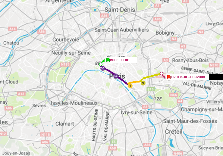 plan itinéraire ratp de Madeleine à Croix-de-Chavaux (Jacques Duclos)