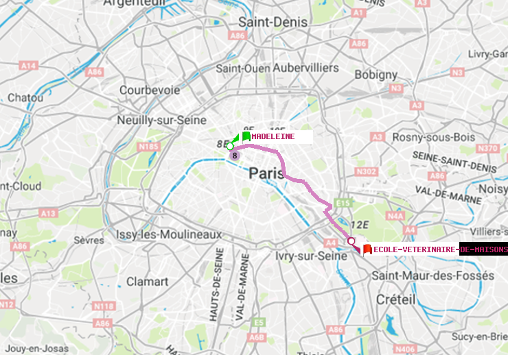 plan itinéraire ratp de Madeleine à Ecole Vétérinaire de Maisons-Alfort