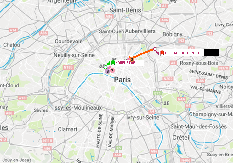 plan itinéraire ratp de Madeleine à Eglise de Pantin