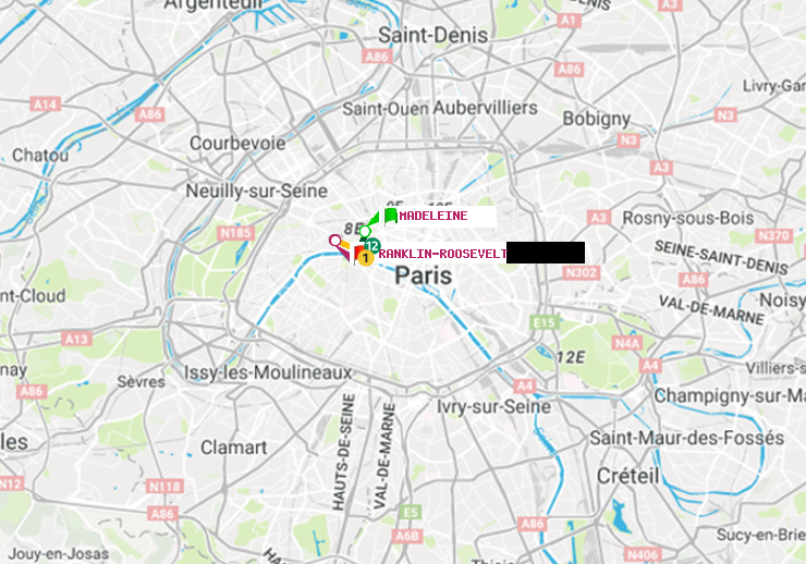 plan itinéraire ratp de Madeleine à Franklin-Roosevelt