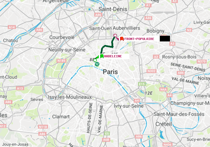plan itinéraire ratp de Madeleine à Front Populaire