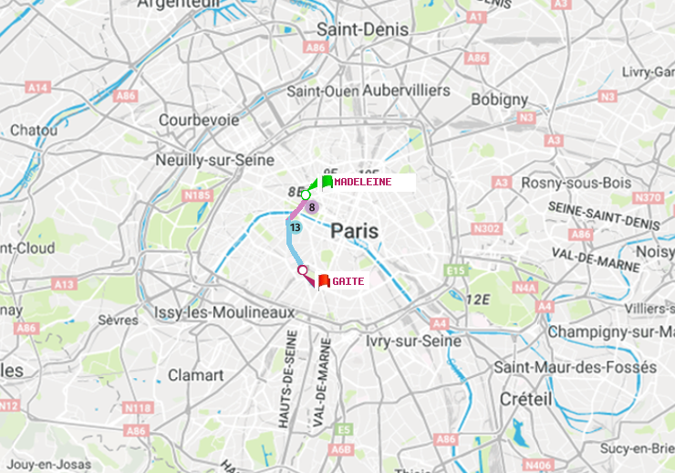 plan itinéraire ratp de Madeleine à Gaité