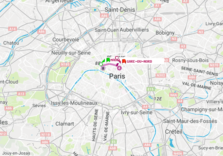 plan itinéraire ratp de Madeleine à Gare du Nord