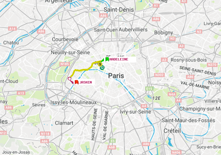 plan itinéraire ratp de Madeleine à Jasmin