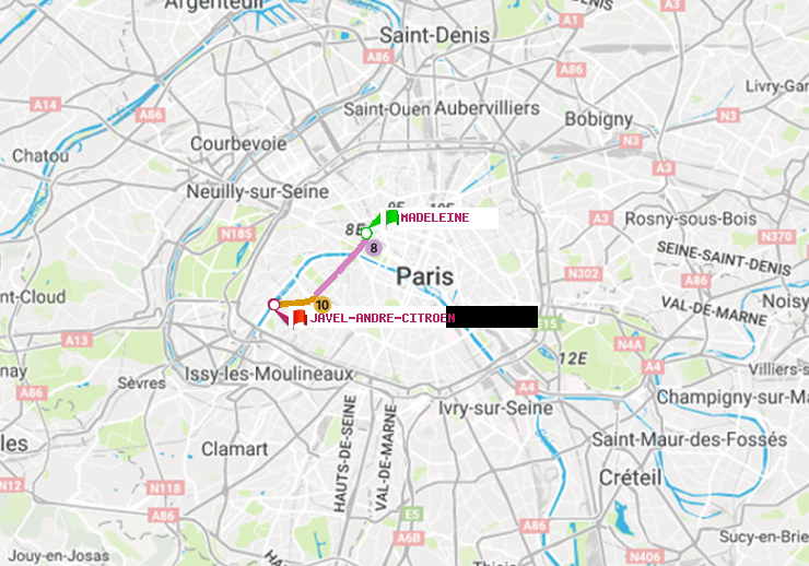 plan itinéraire ratp de Madeleine à Javel-André-Citroen
