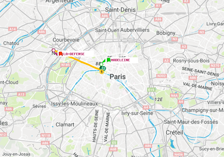 plan itinéraire ratp de Madeleine à La Défense (Grande Arche)