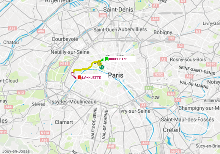 plan itinéraire ratp de Madeleine à La Muette