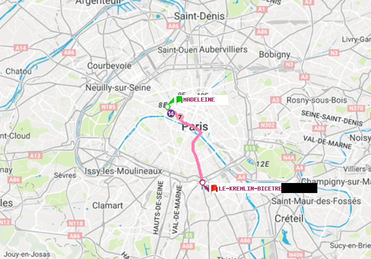 plan itinéraire ratp de Madeleine à Le Kremlin-Bicêtre