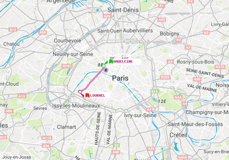 plan itinéraire ratp de Madeleine à Lourmel