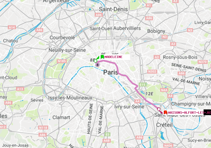 plan itinéraire ratp de Madeleine à Maisons-Alfort-Les Juilliottes