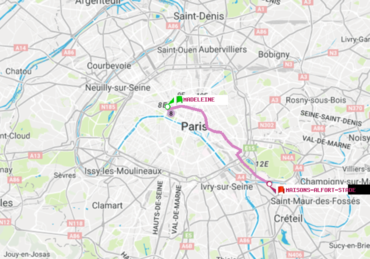 plan itinéraire ratp de Madeleine à Maisons-Alfort-Stade