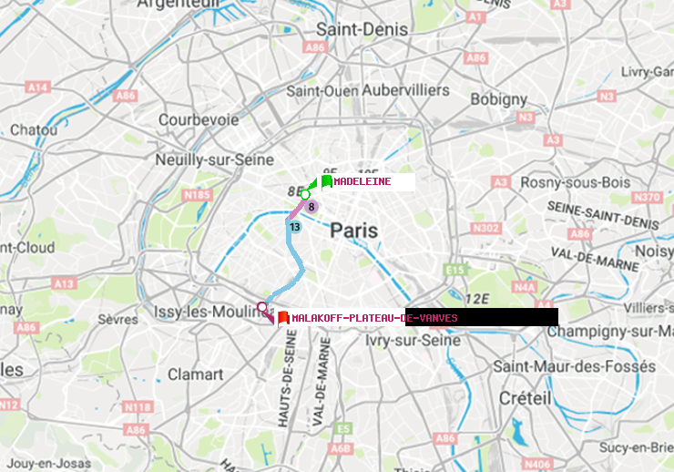 plan itinéraire ratp de Madeleine à Malakoff-Plateau de Vanves