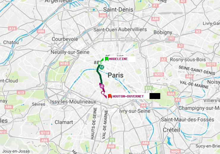 plan itinéraire ratp de Madeleine à Mouton-Duvernet