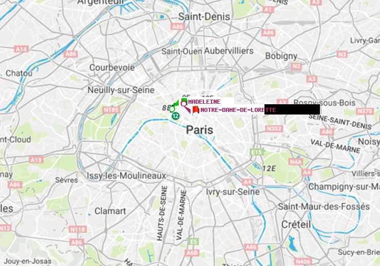 plan itinéraire ratp de Madeleine à Notre-Dame de Lorette