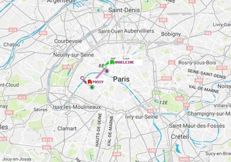 plan itinéraire ratp de Madeleine à Passy