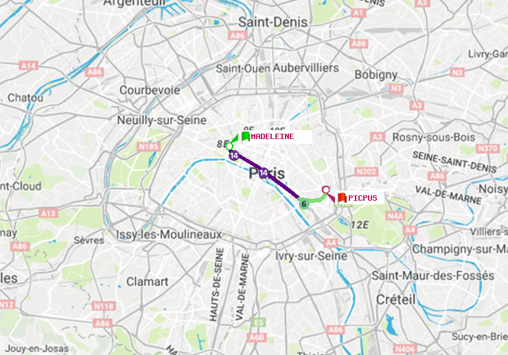 plan itinéraire ratp de Madeleine à Picpus
