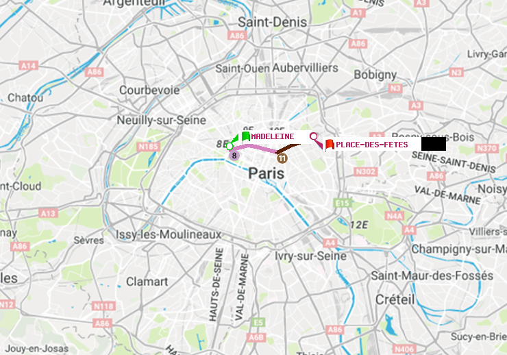 plan itinéraire ratp de Madeleine à Place des Fêtes
