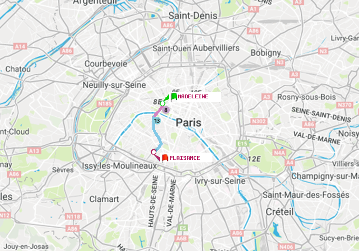 plan itinéraire ratp de Madeleine à Plaisance