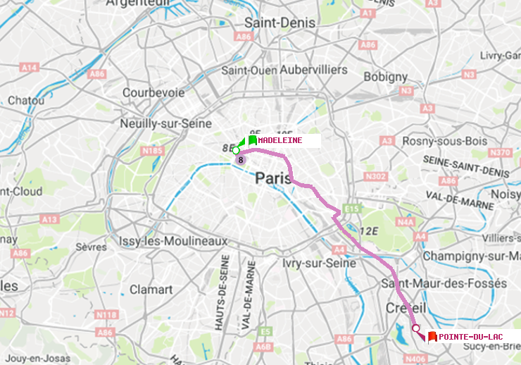 plan itinéraire ratp de Madeleine à Pointe du Lac