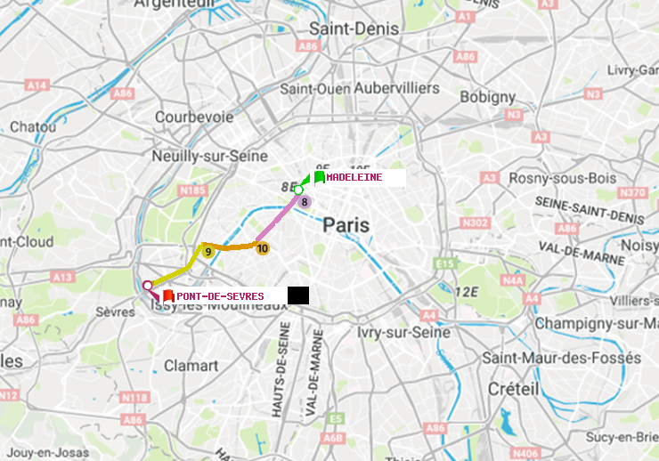 plan itinéraire ratp de Madeleine à Pont de Sèvres