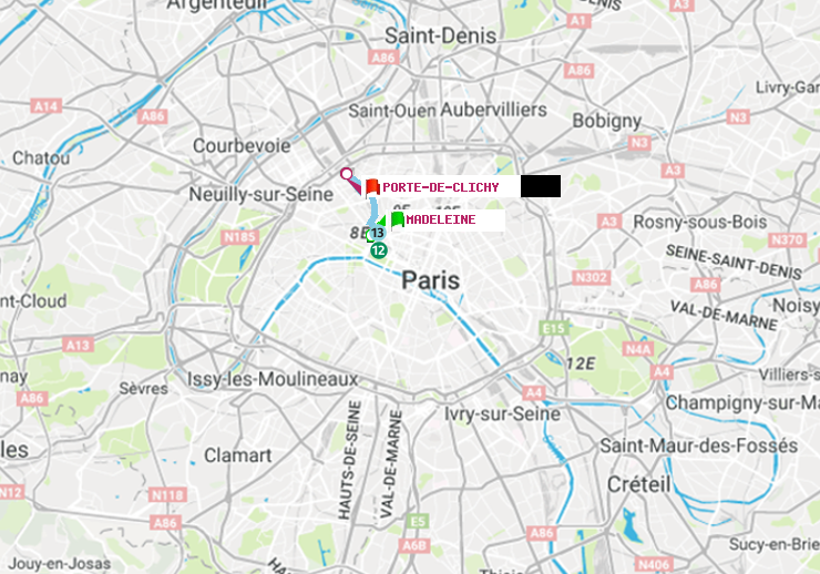 plan itinéraire ratp de Madeleine à Porte de Clichy