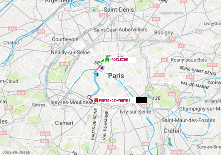 plan itinéraire ratp de Madeleine à Porte de Vanves