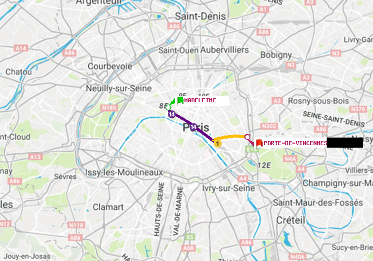 plan itinéraire ratp de Madeleine à Porte de Vincennes