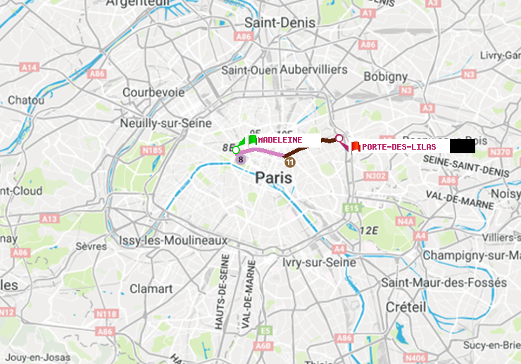 plan itinéraire ratp de Madeleine à Porte des Lilas