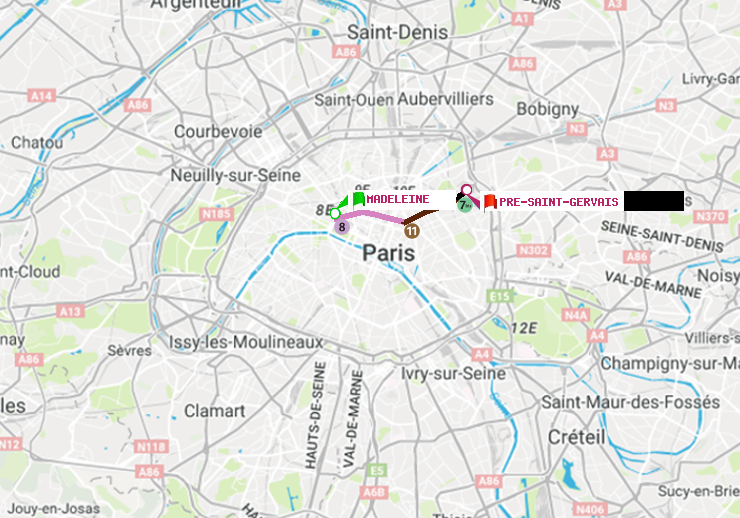 plan itinéraire ratp de Madeleine à Pré-Saint-Gervais