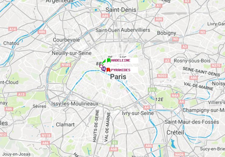 plan itinéraire ratp de Madeleine à Pyramides