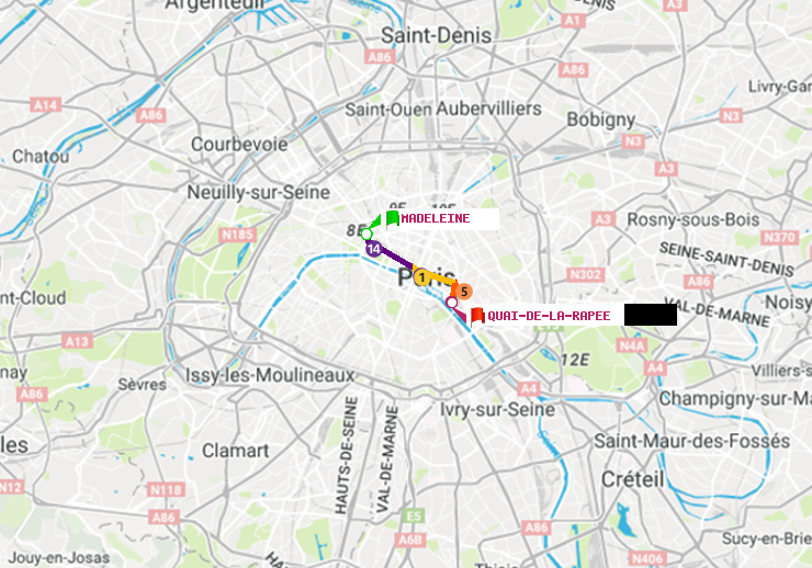 plan itinéraire ratp de Madeleine à Quai de la Rapée