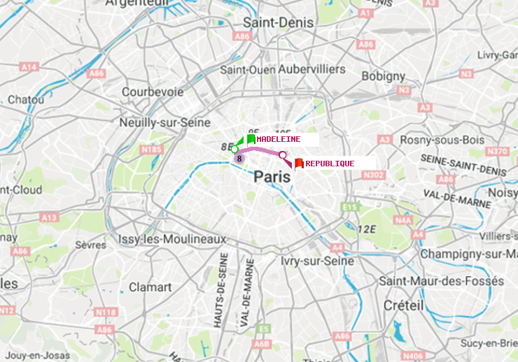 plan itinéraire ratp de Madeleine à République