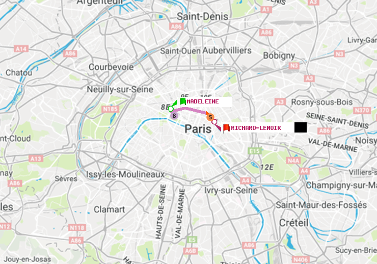 plan itinéraire ratp de Madeleine à Richard-Lenoir
