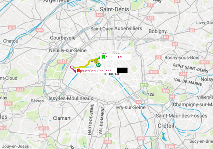 plan itinéraire ratp de Madeleine à Rue de la Pompe (Avenue Georges Mandel)