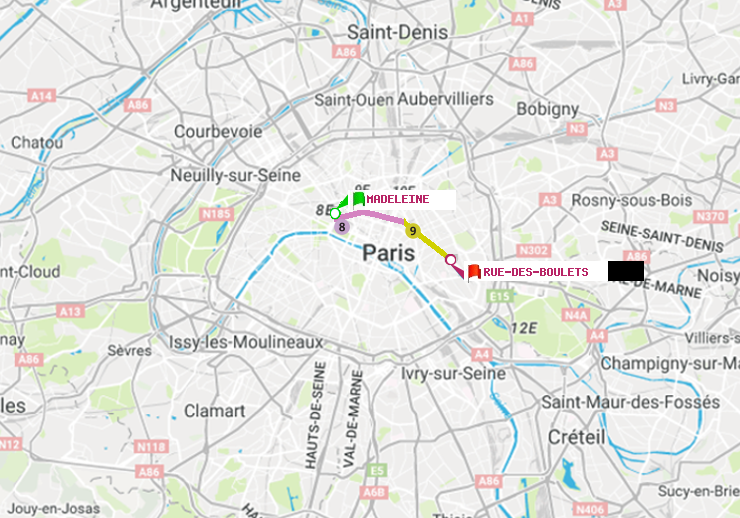 plan itinéraire ratp de Madeleine à Rue des Boulets