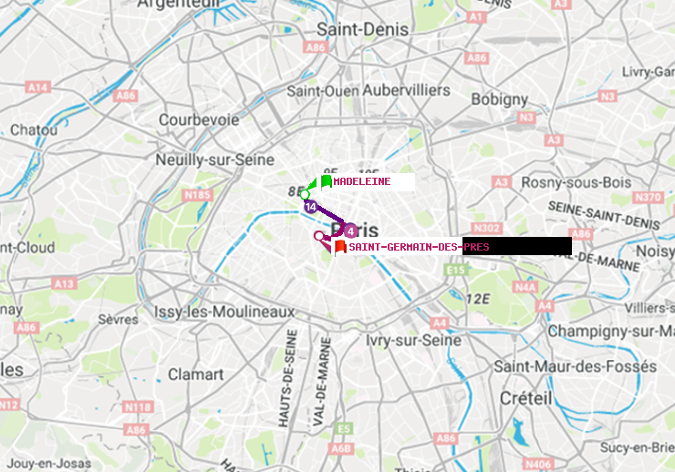 plan itinéraire ratp de Madeleine à Saint-Germain des Prés