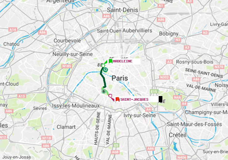 plan itinéraire ratp de Madeleine à Saint-Jacques