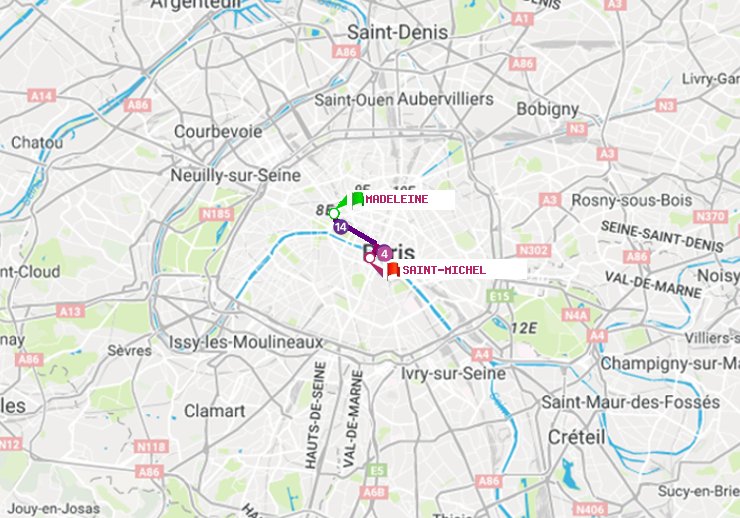 plan itinéraire ratp de Madeleine à Saint-Michel