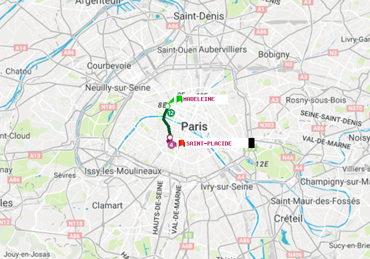 plan itinéraire ratp de Madeleine à Saint-Placide