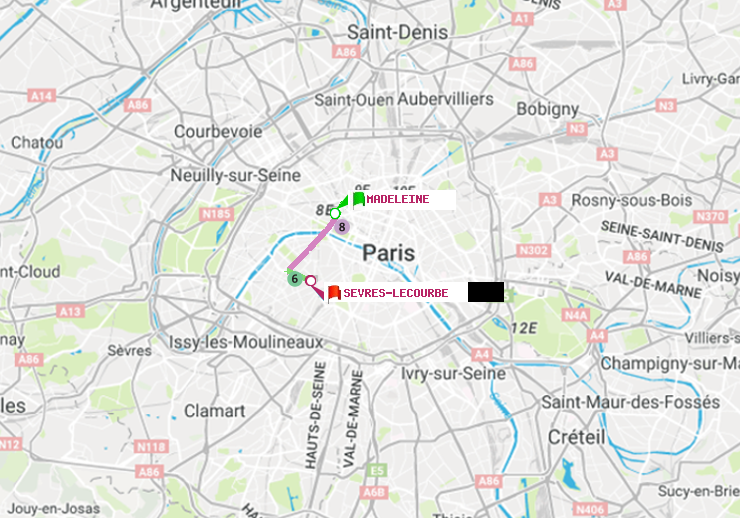 plan itinéraire ratp de Madeleine à Sèvres-Lecourbe