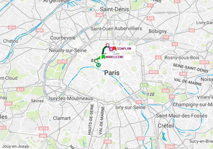plan itinéraire ratp de Madeleine à Simplon