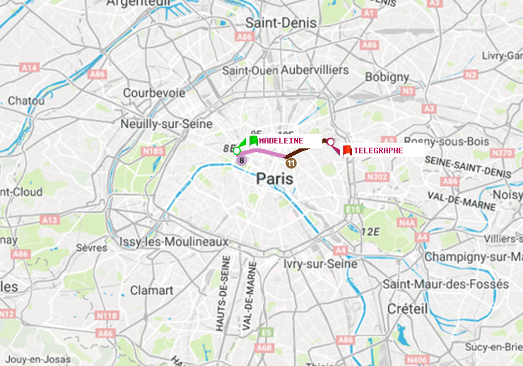 plan itinéraire ratp de Madeleine à Telegraphe