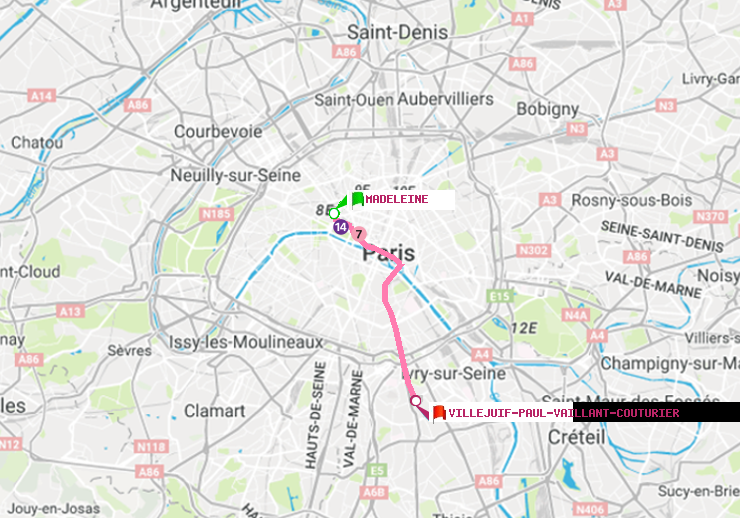 plan itinéraire ratp de Madeleine à Villejuif-Paul Vaillant Couturier (Hôpital Paul Brousse)