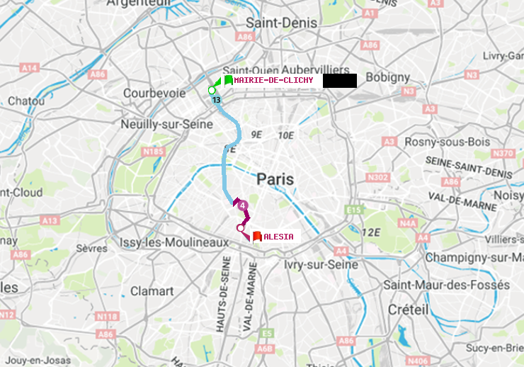plan itinéraire ratp de Mairie de Clichy à Alésia