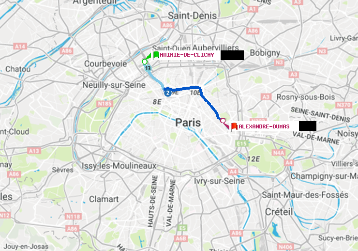 plan itinéraire ratp de Mairie de Clichy à Alexandre-Dumas