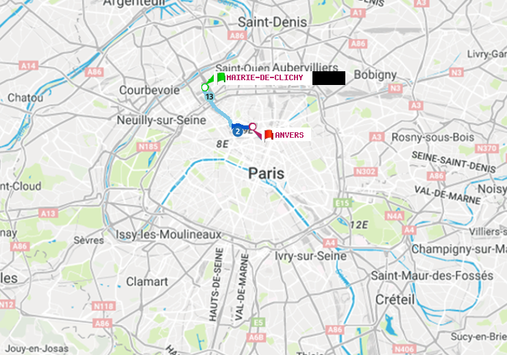 plan itinéraire ratp de Mairie de Clichy à Anvers